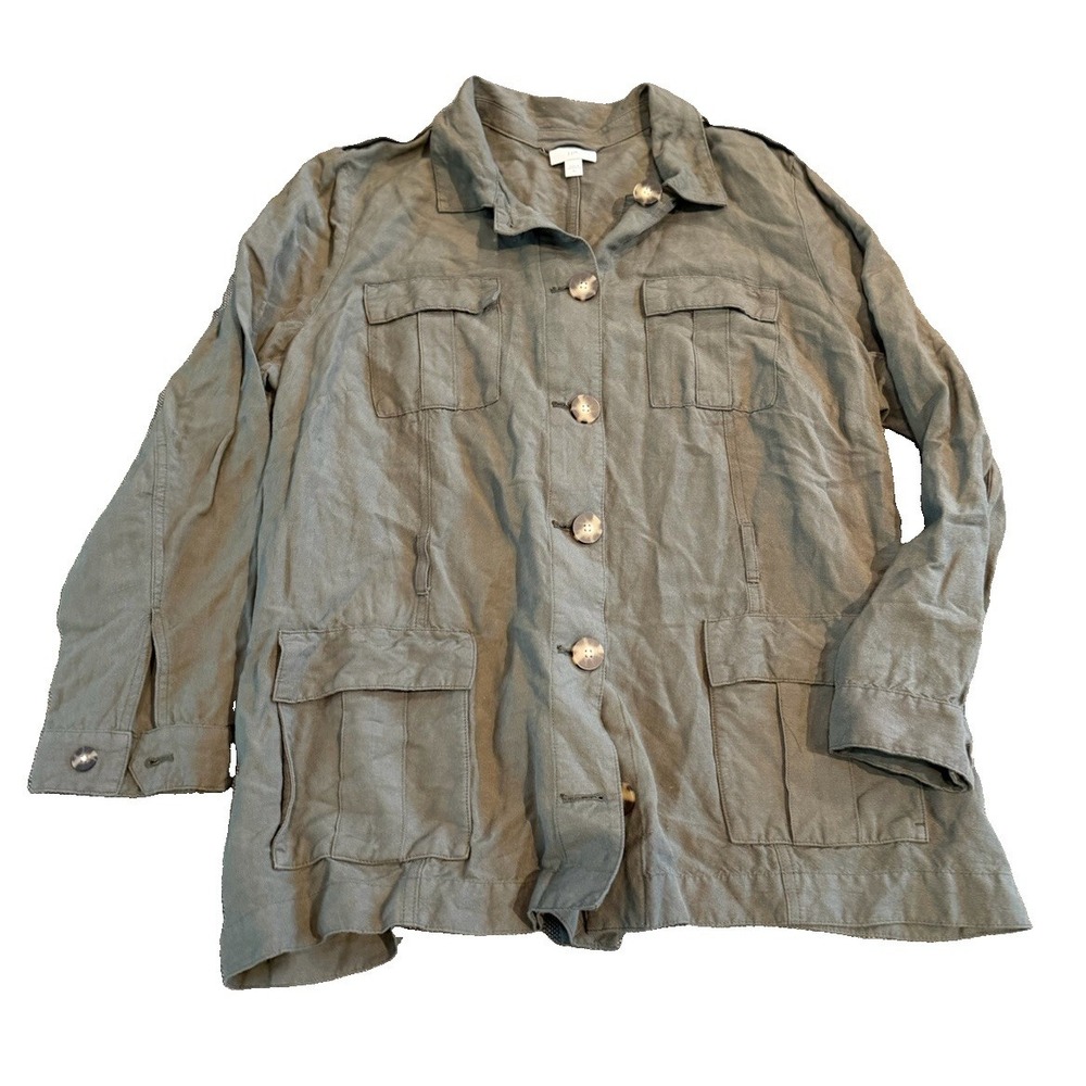 J. Jill Women's XL Olive Green Safari Utility Jacket Button Front Linen Blend